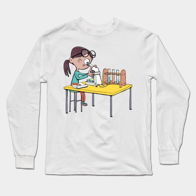 girl with a microscope is doing an experiment and writing down the details Long Sleeve T-Shirt by duxpavlic